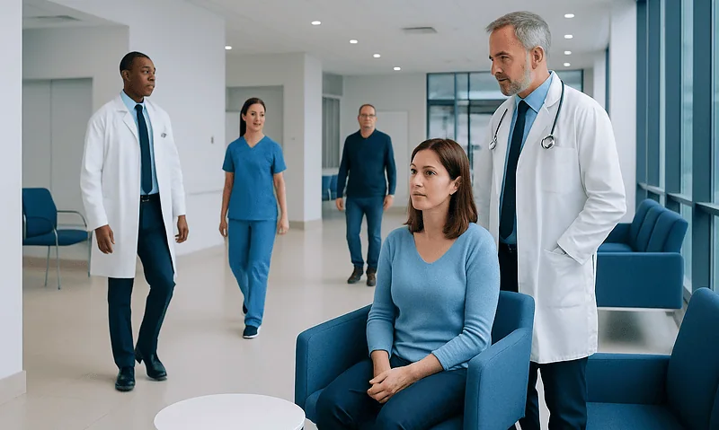 Doctor consulting patient in modern hospital corridor with medical staff nearby.
