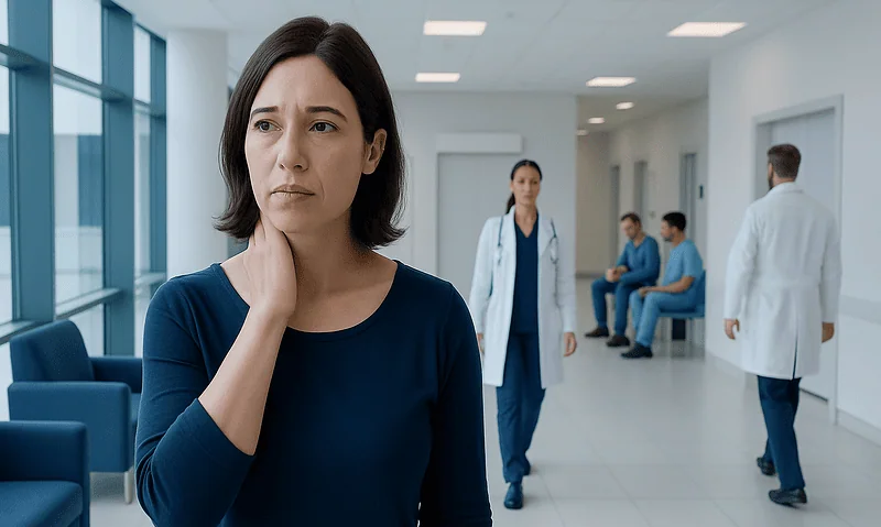 Woman experiencing neck pain in hospital corridor with medical staff in background.