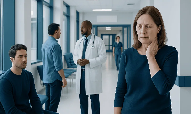 Woman with neck pain in hospital corridor with doctors and patients nearby.