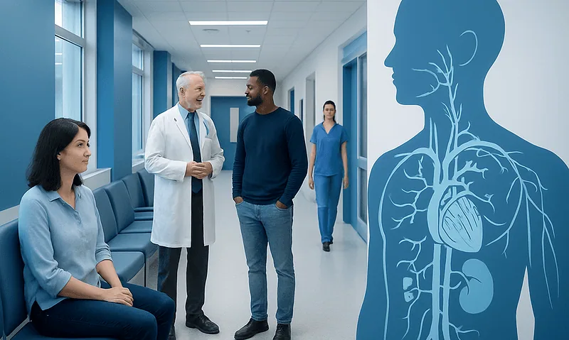 Medical consultation in hospital corridor with anatomical diagram of human body.