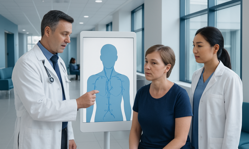 Doctor explaining lymphoscintigraphy to patient in hospital corridor.