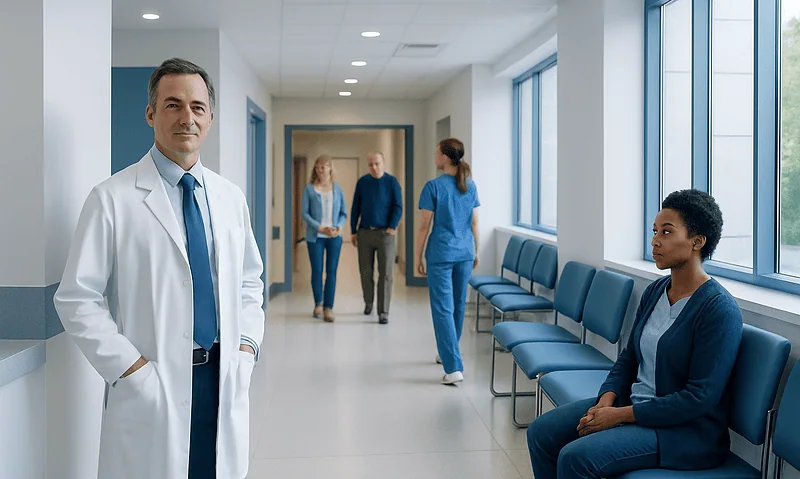 Medical professionals and patients in a modern hospital corridor.