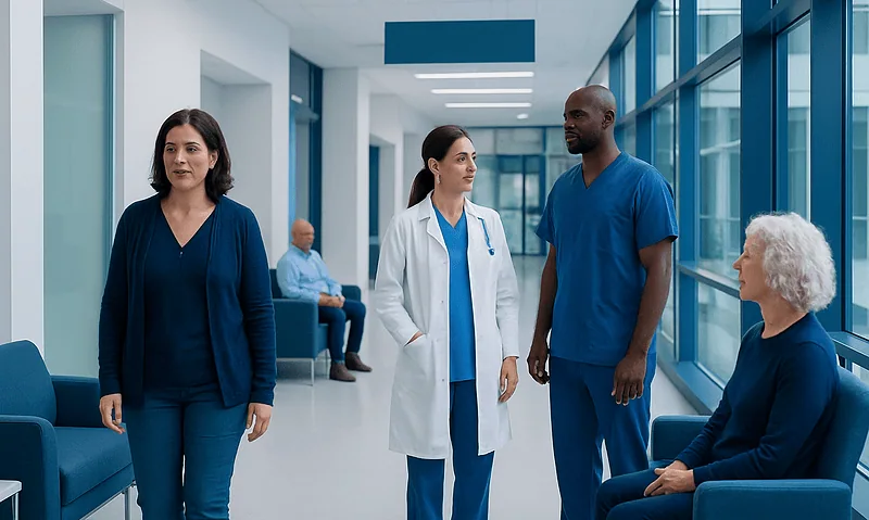 Medical staff and patient in hospital corridor at Acibadem Hospitals Group.