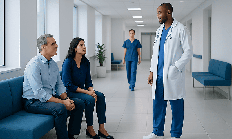 Doctor consulting patients in a modern hospital corridor.