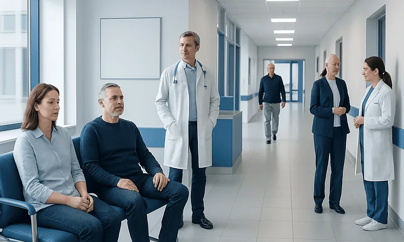 Medical professionals and patients in a hospital corridor.
