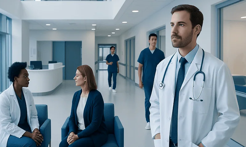 Medical team in hospital corridor with doctor and patients.