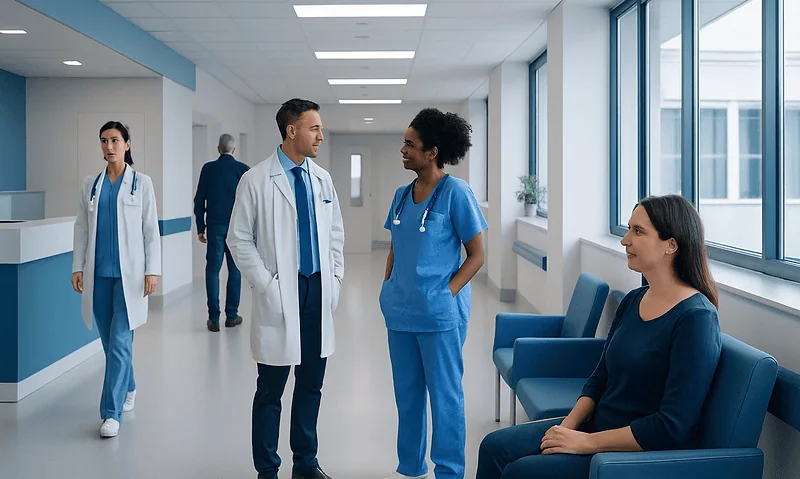 Medical team discussing patient care in hospital corridor.