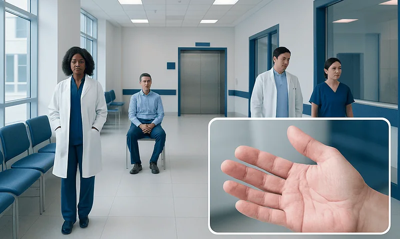 Medical professionals in a hospital corridor with a hand image overlay.