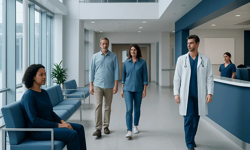 Patients and medical staff in a modern hospital lobby.