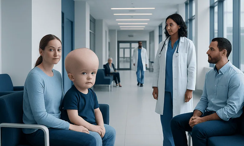 Child with macrocephaly at a hospital consultation with medical staff.