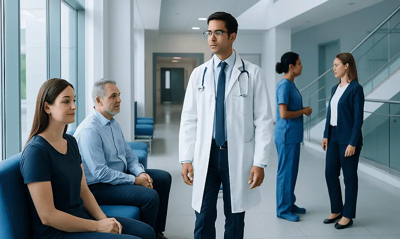 Medical consultation in hospital with doctor and patients.