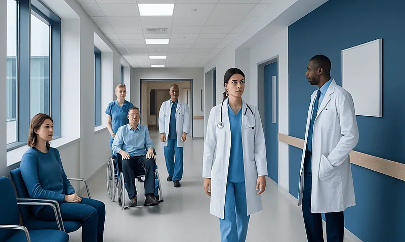 Medical team consulting with patients in hospital corridor.