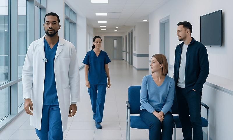Medical team in hospital corridor with patient and staff members.