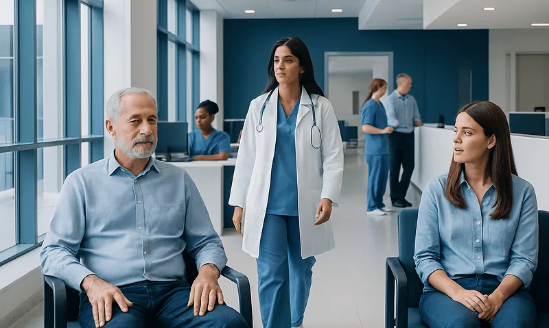 Patients waiting in a hospital corridor with medical staff nearby.