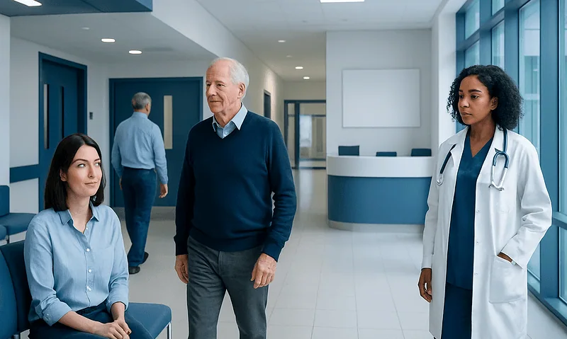 Patients and doctor in a modern hospital corridor at Acibadem Hospitals Group.