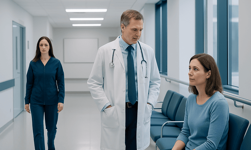 Doctor consulting with a female patient in a hospital corridor.
