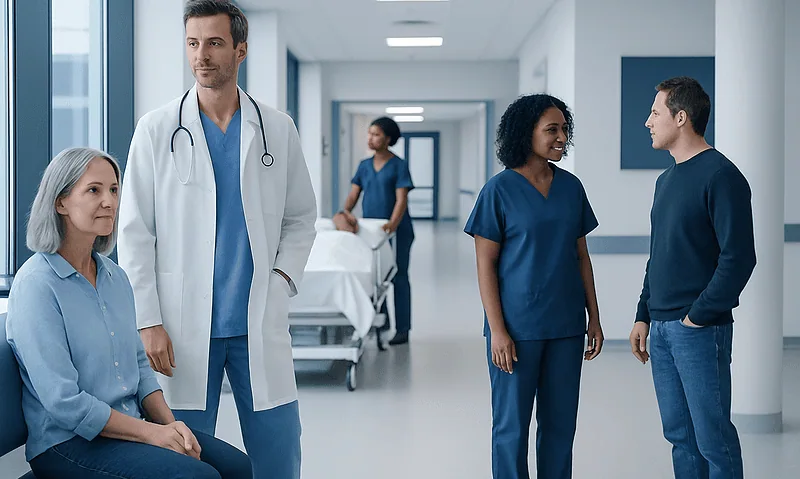 Medical team consulting in hospital corridor with patient bed in background.