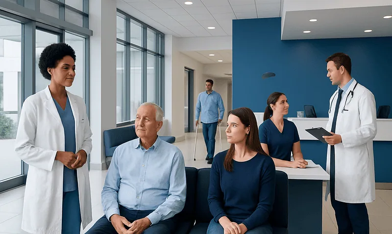 Medical consultation in a modern hospital with doctors and patients.