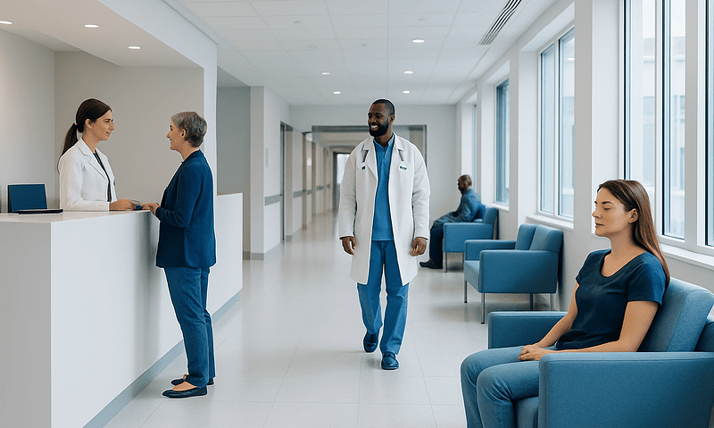 Hospital corridor with staff and patients in a modern healthcare facility.