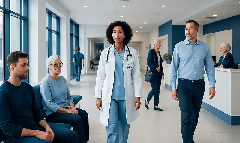Healthcare professionals and patients in a modern hospital corridor.