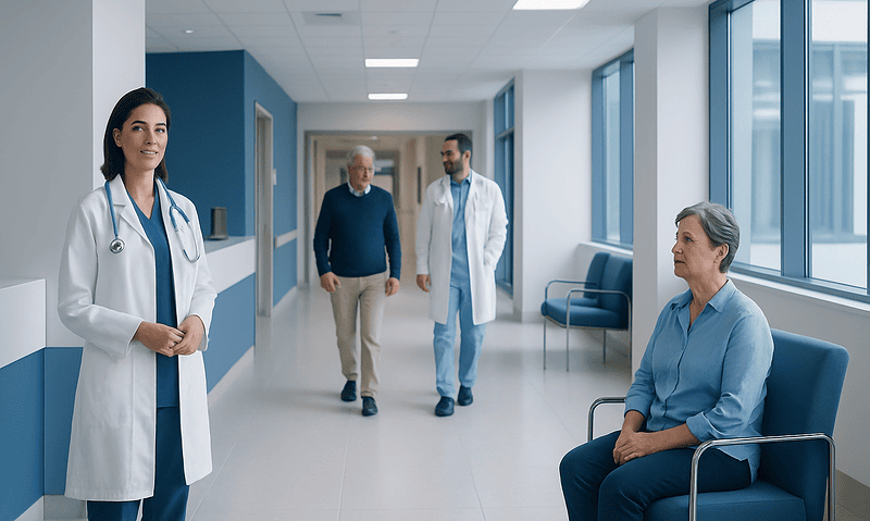 Medical professionals and patient in a hospital corridor at Acibadem Hospitals Group.