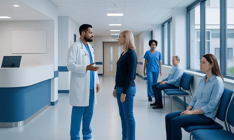 Doctor consulting a patient in a hospital corridor with other patients nearby.