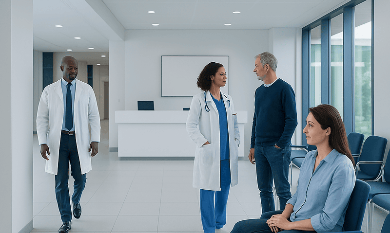 Medical team consulting with patient in hospital corridor.