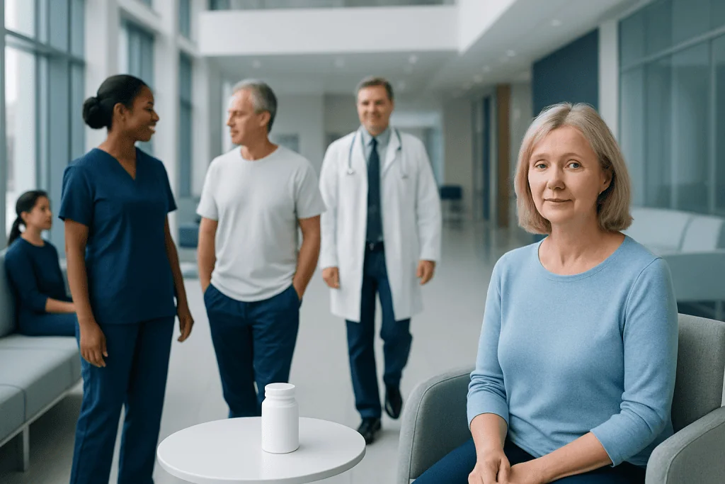 Magnesium Powder: An Evidence-Based Guide for Patients 1 Patient in hospital waiting area with medical staff and doctor in background.