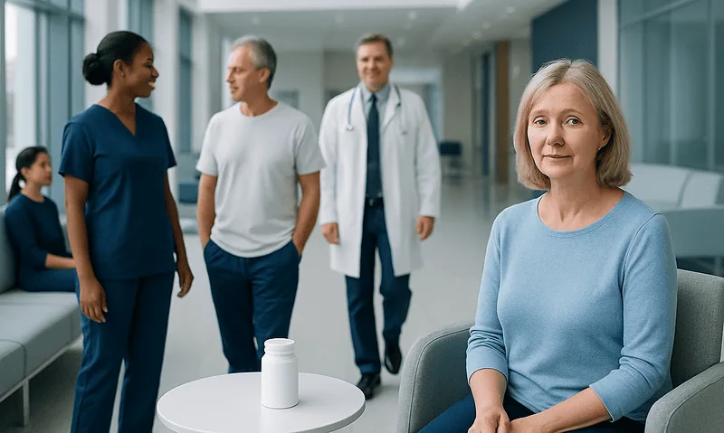 Patient in hospital waiting area with medical staff and doctor in background.