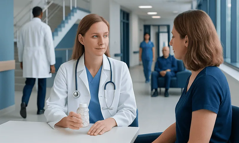 Doctor consulting with patient in hospital corridor with medical staff in background.