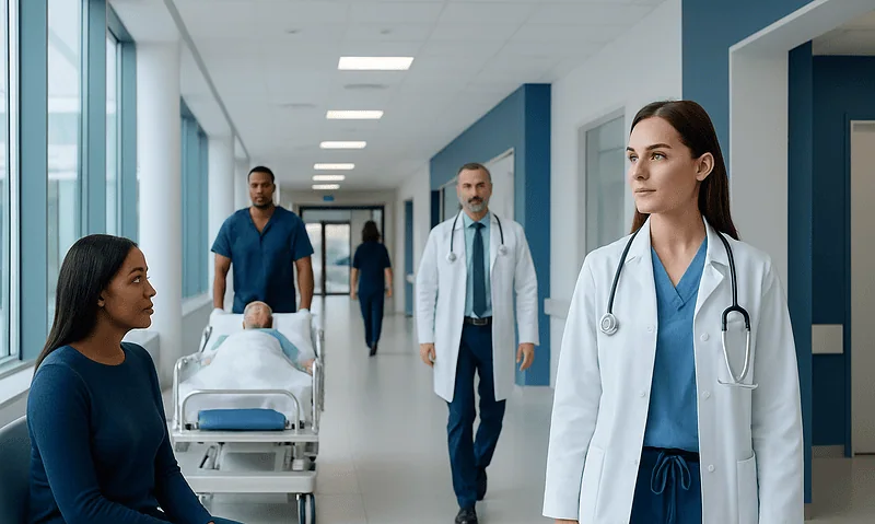 Healthcare professionals and patient in a hospital corridor.