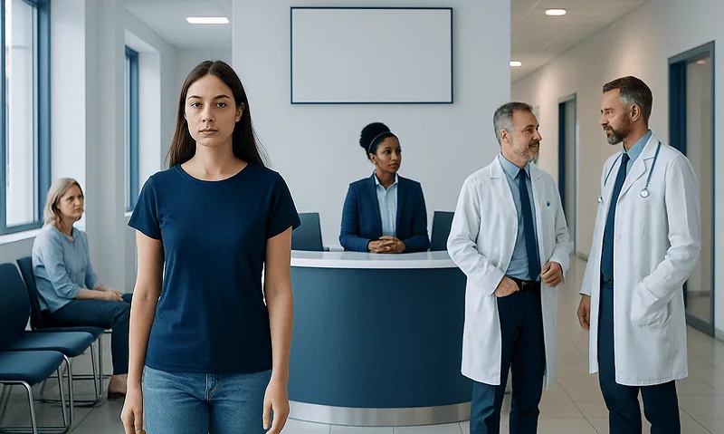 Young woman waiting in a hospital corridor with doctors and staff nearby.
