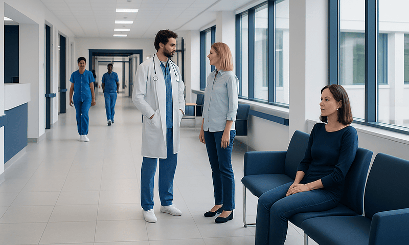 Healthcare professionals consulting in a hospital corridor with patient.