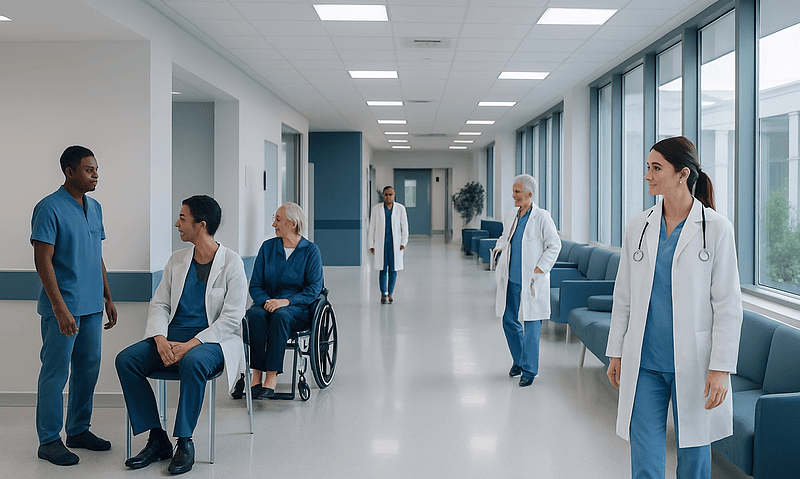 Medical team and patients in a modern hospital corridor at Acibadem Hospitals Group.