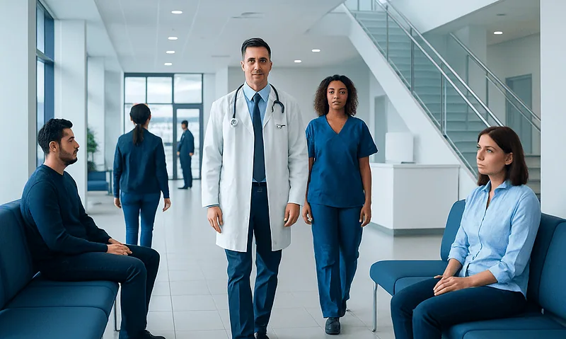 Medical team in hospital lobby with patients and staff.