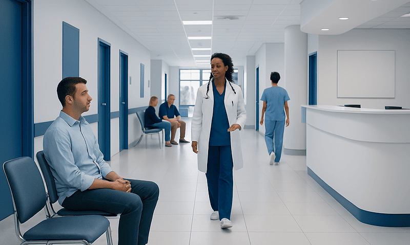 Healthcare professionals and patients in a modern hospital corridor.