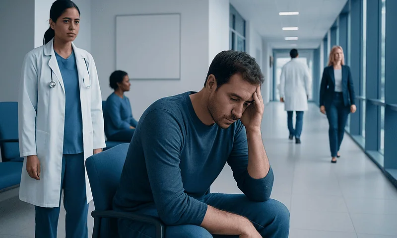 Man experiencing stress in a hospital corridor with medical staff nearby.