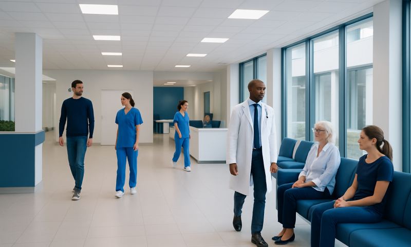 Modern hospital waiting area with medical staff and patients.