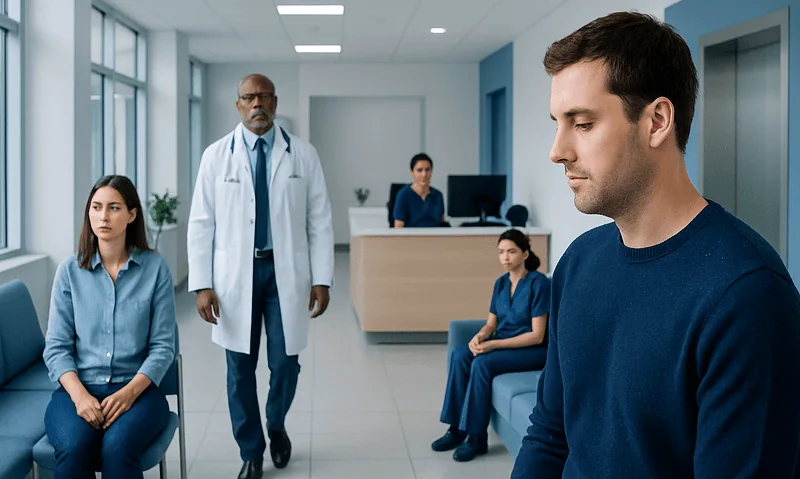 Medical consultation in a hospital waiting area with patients and doctor.
