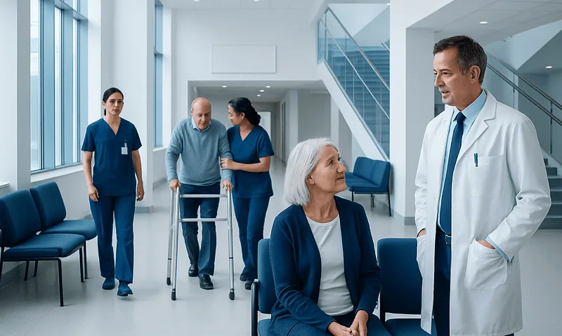 Healthcare professionals and elderly patient in hospital corridor.