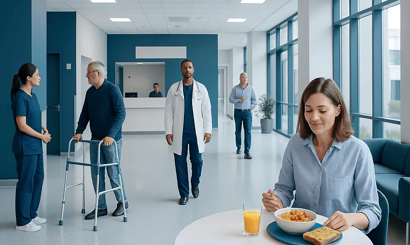 Hospital corridor with patients and staff, woman eating breakfast at a table.