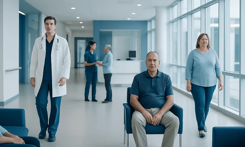 Hospital waiting area with patients and medical staff at Acibadem Hospitals Group.
