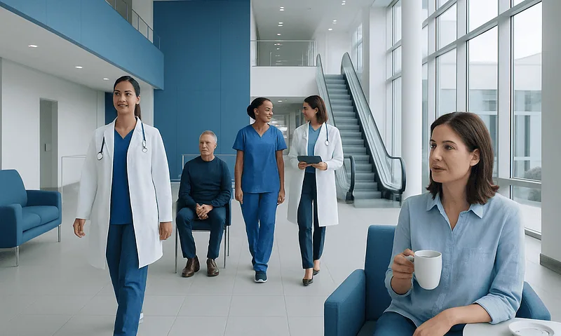 Healthcare professionals and patient in modern hospital lobby with large windows.