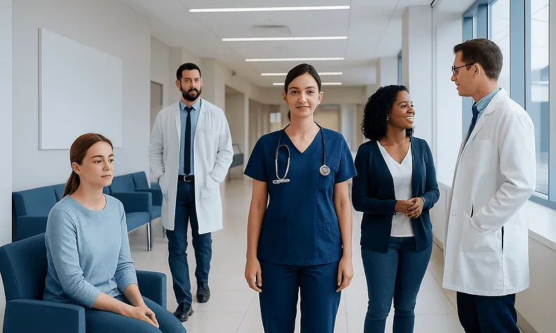 Medical team discussing patient care in hospital corridor.