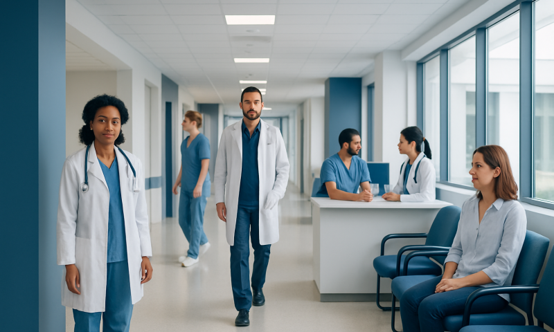 Medical team in hospital corridor with patients and staff.
