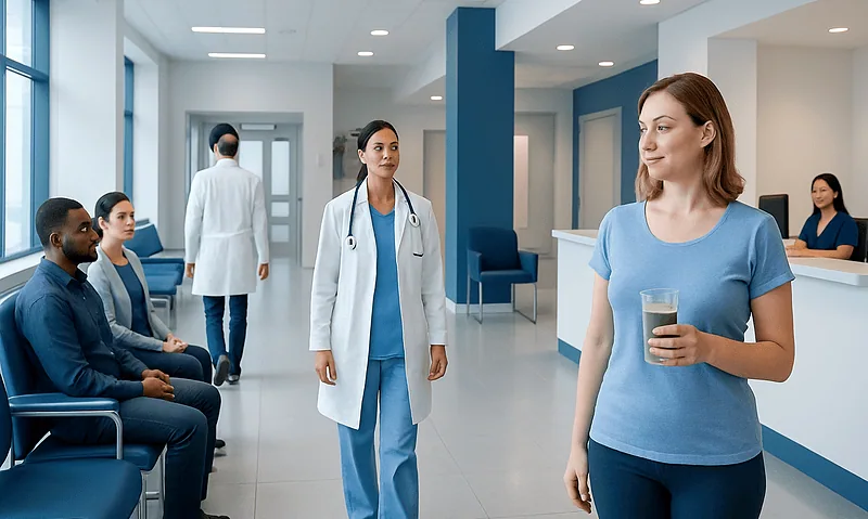 Patient waiting in hospital corridor with medical staff nearby.