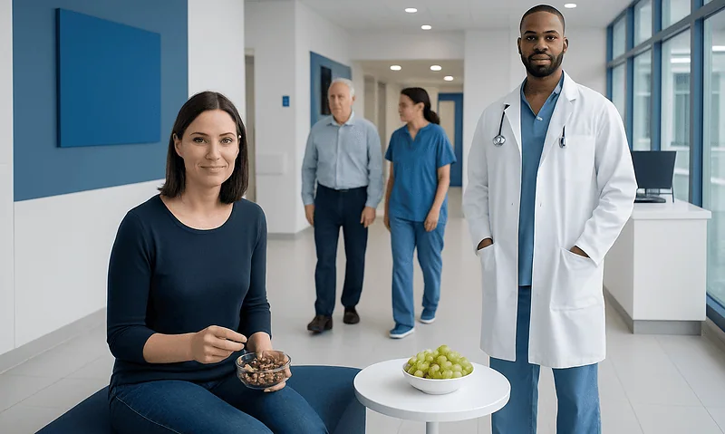 Patient with bowl of nuts in hospital corridor with medical staff nearby.