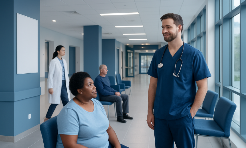 Snacks for Type 2 Diabetes: An Evidence-Based Guide for Patients 4 Healthcare professional talking to a patient in a hospital corridor.