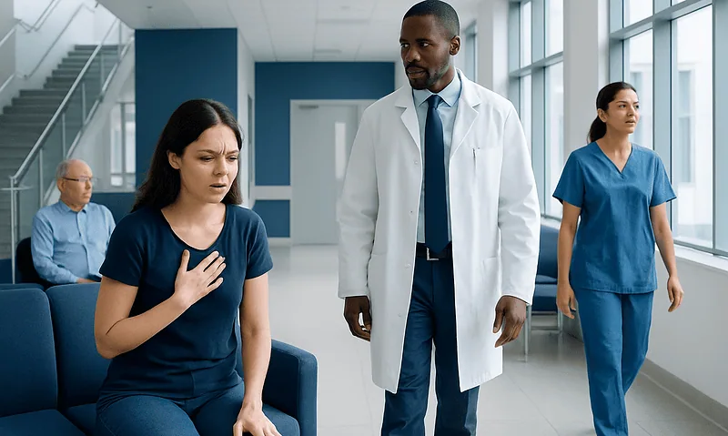 Patient experiencing chest pain with medical staff nearby in hospital corridor.