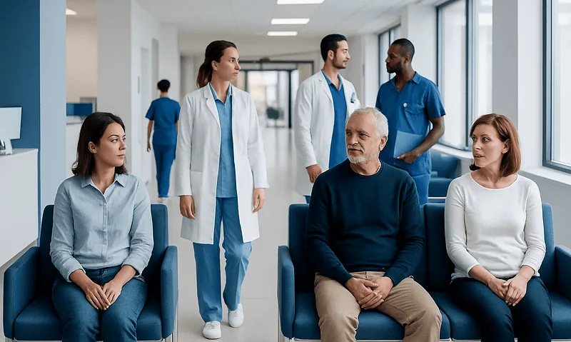 Medical consultation with patients and healthcare professionals in a hospital corridor.
